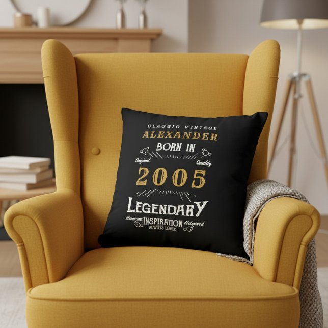 Personalized 21st Birthday Born 2005 Legend Black Cushion (Born 2005 throw pillow on a yellow chair.)