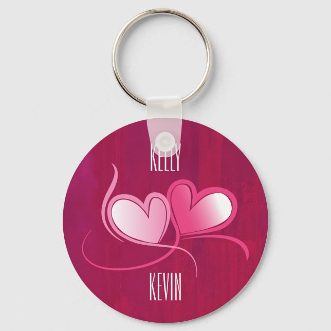 Personalized 2 Hearts Dancing on Fuschia Pink Key Ring (Front)