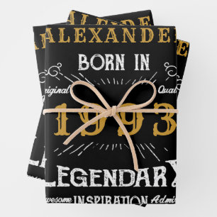 Personalized 30th Birthday Born 1993 Vintage Black Wrapping Paper Sheet