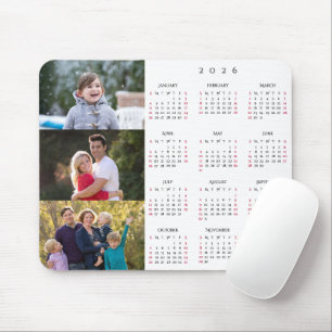 Personalized 3 Photo Collage Family 2026 Calendar Mouse Mat