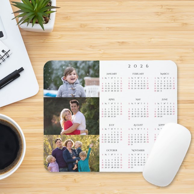 Personalized 3 Photo Collage Family 2026 Calendar Mouse Mat (Personalized 3 Photo Collage Family 2026 Calendar Mouse Pad)