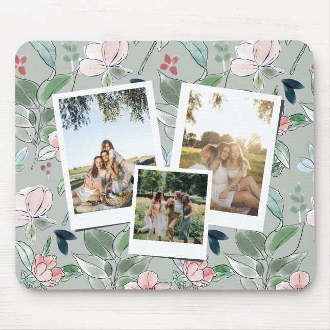 Personalized 3 Photo Green Floral Background  Mouse Mat (Front)