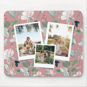 Personalized 3 Photo Pink Floral Background Mouse Mat