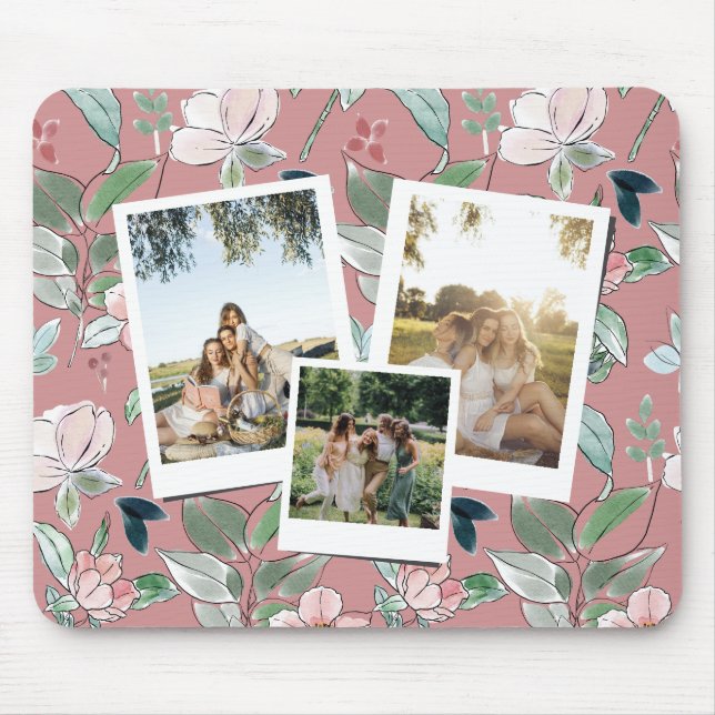 Personalized 3 Photo Pink Floral Background  Mouse Mat (Front)
