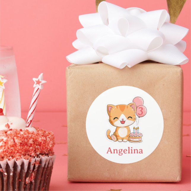 Personalized 3rd Birthday, Ginger Kitten,   Classic Round Sticker (Party)