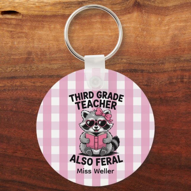 Personalized 3rd Grade Teacher Cute Feral Raccoon  Key Ring (Back)