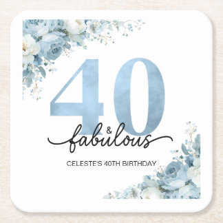 Personalized 40 and Fabulous Blue Floral Birthday Square Paper Coaster