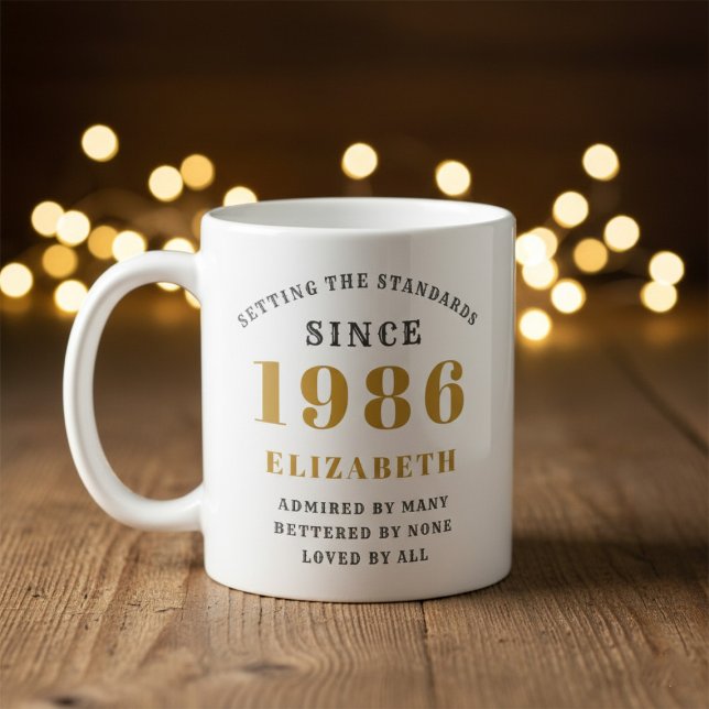 Personalized 40th Birthday 1986 Add Name Elegant Coffee Mug (Born 1986 birthday mug. Out of focus wood and lights background.)