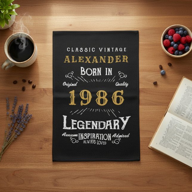Personalized 40th Birthday 1986 Vintage Legend Tea Towel (Born 1986 kitchen towel on a kitchen worktop.)