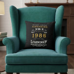 Personalized 40th Birthday Born 1986 Legend Black Cushion<br><div class="desc">A personalized classic throw pillow design for that birthday celebration for somebody born in 1986 and turning 40. Add the name to this vintage retro style black, white and gold design for a custom birthday gift. Easily edit the name and year with the template provided. A wonderful custom black birthday...</div>