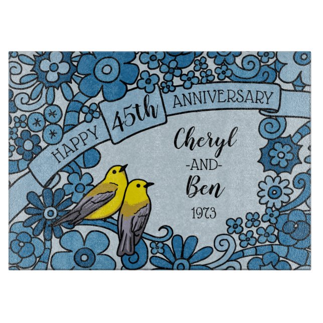Personalized 45th Anniversary Sapphire Floral Bird Cutting Board (Front)