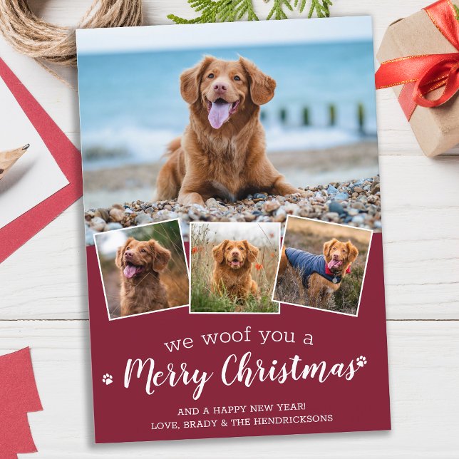 Personalized 4 Pet Photo Woof You Merry Christmas Holiday Card (Creator Uploaded)