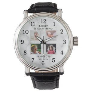 Personalized  4 Photo Collage Family Name Marble Watch