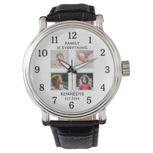 Personalized  4 Photo Collage Family Name White Watch
