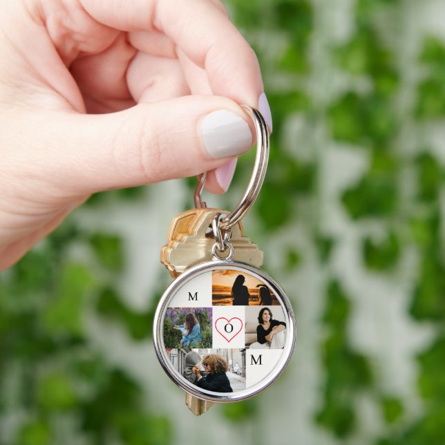 Personalized 4-Photo Collage Mom Monogram Key Ring (Hand)