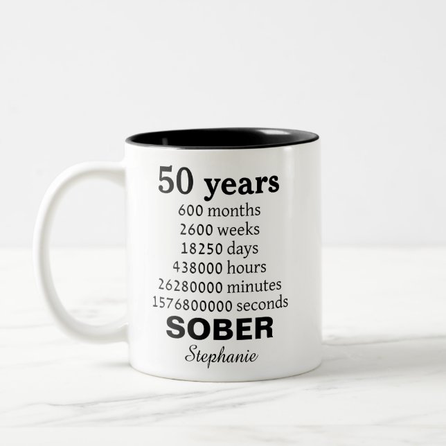 Personalized 50 Years Sober Recovery Celebration Two-Tone Coffee Mug (Left)