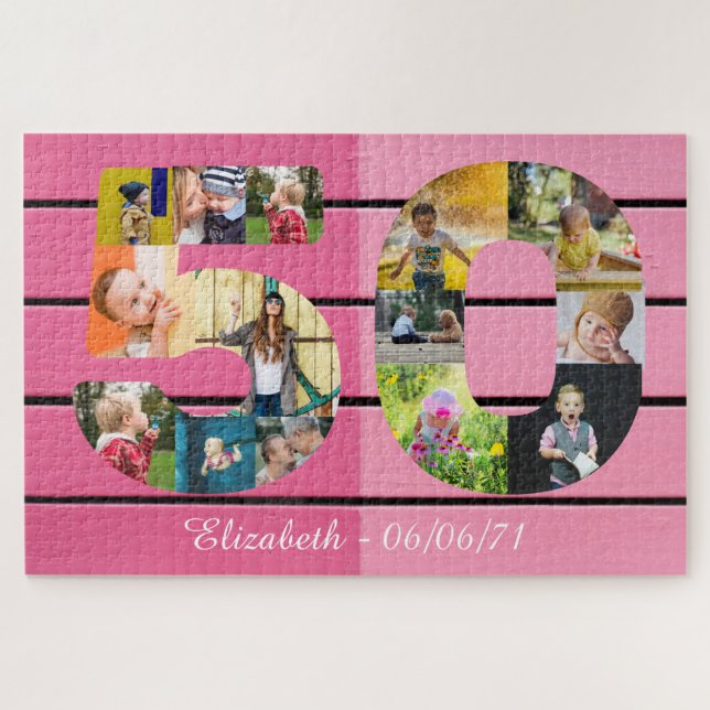 Personalized 50th Birthday 14 Photo Collage Pink Jigsaw Puzzle (Horizontal)