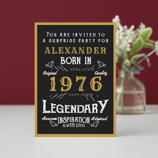 Personalized 50th Birthday 1976 Black Gold Legend Invitation (1976 birthday invitation. White and red background.)
