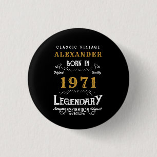 Personalized 50th Birthday Born 1971 Vintage Black 3 Cm Round Badge