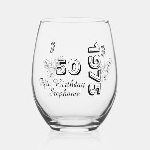 Personalized 50th floral birthday stemless wine glass