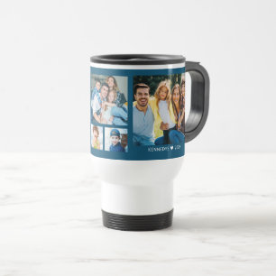 Personalized  5 Photo Collage Family Quote Blue Travel Mug