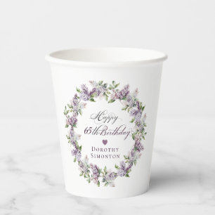 Personalized 65th Birthday Purple Lilac Flower Paper Cups