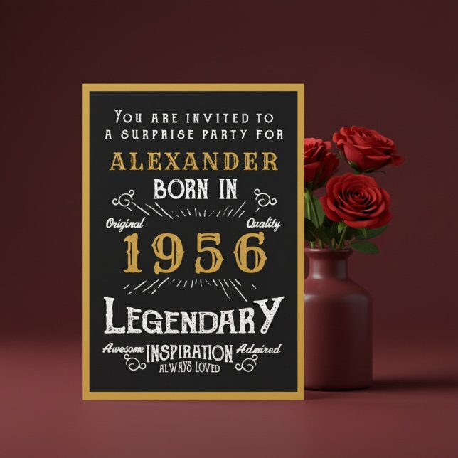 Personalized 70th Birthday 1956 Black Gold Legend Invitation (1956 birthday invitation. Red background.)