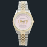 Personalized 70th Birthday 1956 Pink Gold Woman's Watch<br><div class="desc">Celebrate a remarkable milestone with this exquisite Personalized 70th Birthday Watch for women. This elegant timepiece features a chic design in soft blush pink, perfectly accented with luxurious gold-look typography and a stylish two-tone silver and gold bracelet. The watch face proudly displays the classic birth year, 1956. It is a...</div>