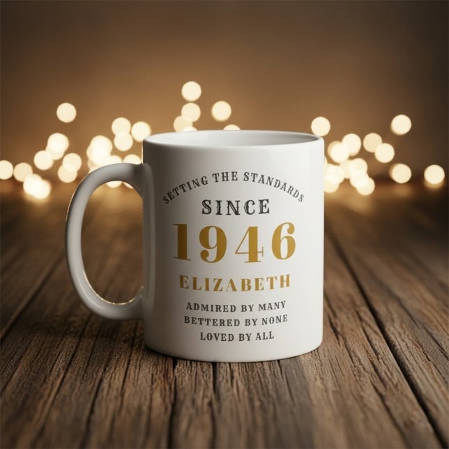 Personalized 80th Birthday 1946 Add Name Elegant Coffee Mug (Born 1946 birthday gift mug. Background out of focus.)