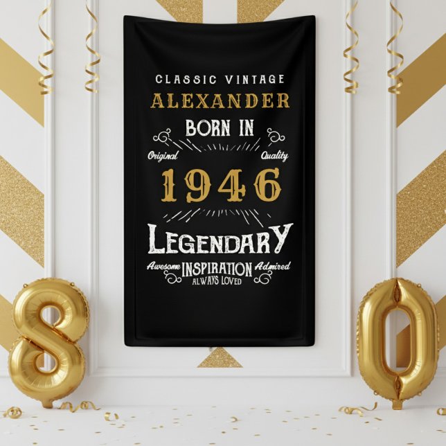 Personalized 80th Birthday Born 1946 Retro Party Banner (1946 birthday banner on a white a gold wall.)