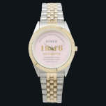 Personalized 80th Birthday Chic Pink Gold Woman's Watch<br><div class="desc">Celebrate a remarkable milestone with this exquisite Personalized 80th Birthday Watch for women. This elegant timepiece features a chic design in soft blush pink, perfectly accented with luxurious gold-look typography and a stylish two-tone silver and gold bracelet. The watch face proudly displays the classic birth year, 1946. It is a...</div>