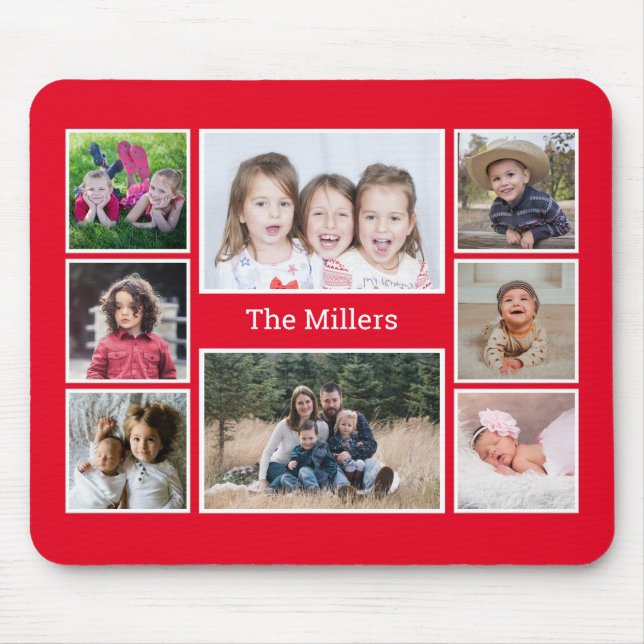 Personalized 8 Photo collage Family Name Red Mouse Mat (Front)