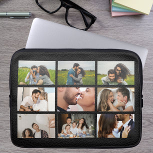 Personalized 8 Photo Collage Modern Black Leather  Laptop Sleeve