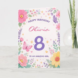 Personalized 8th Birthday Card for Girl Floral