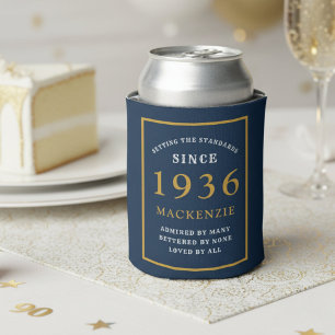 Personalized 90th Birthday 1936 Elegant Blue Gold Can Cooler