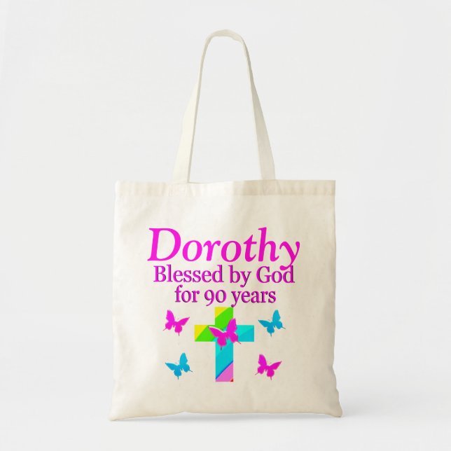 PERSONALIZED 90TH RAINBOW CROSS AND BUTTERFLY TOTE BAG (Front)