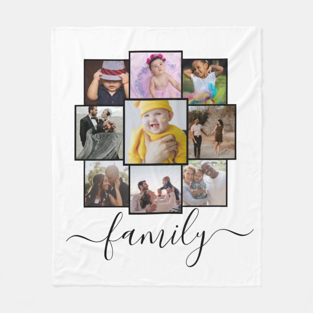 Personalized 9 Photo and Text Photo Collage Family Fleece Blanket (Front)