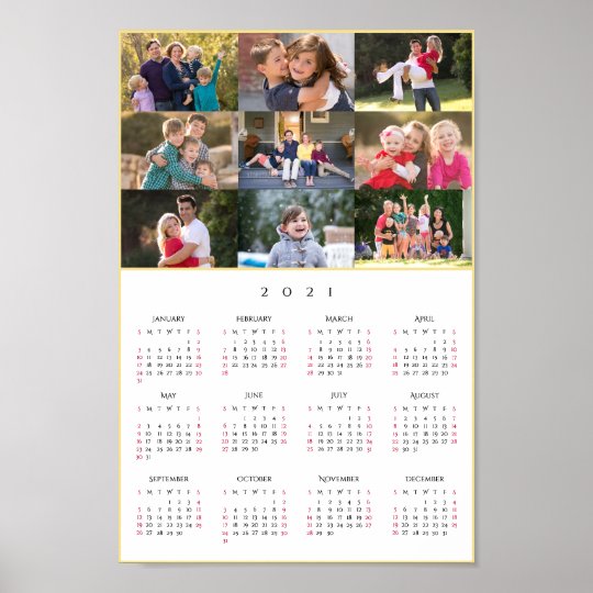 Personalized 9 Photo Collage 2021 Yearly Calendar Poster