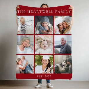 Personalized 9 Photo Collage Family Cranberry Red Fleece Blanket