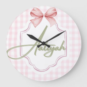 Personalized Aaliyah Baby Girl Nursery Bow&Gingham Large Clock