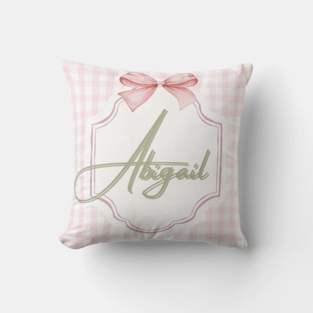 Personalized Abigail Baby Girl Nursery Bow&Gingham Cushion (Front)