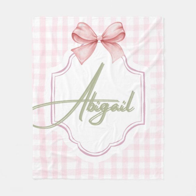 Personalized Abigail Baby Girl Nursery Bow&Gingham Fleece Blanket (Front)