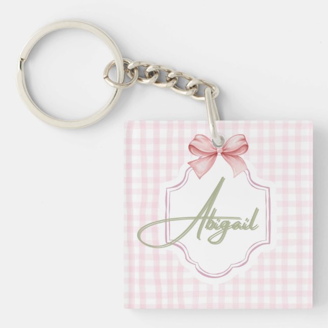 Personalized Abigail Baby Girl Nursery Bow&Gingham Key Ring (Front)