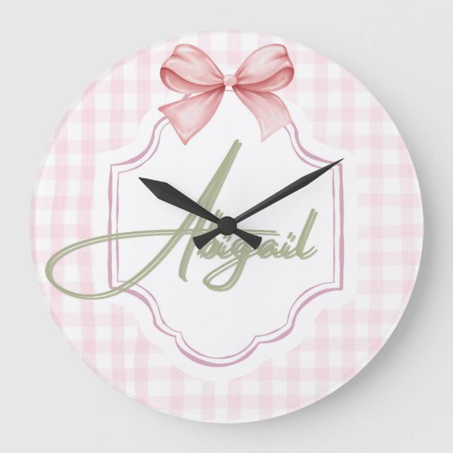 Personalized Abigail Baby Girl Nursery Bow&Gingham Large Clock (Front)