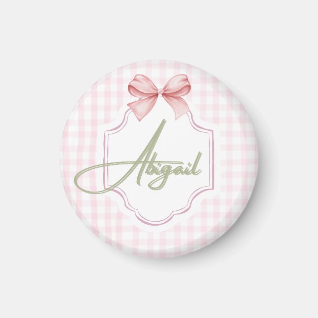 Personalized Abigail Baby Girl Nursery Bow&Gingham Magnet (Front)