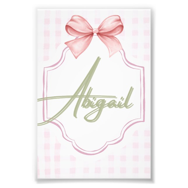 Personalized Abigail Baby Girl Nursery Bow&Gingham Photo Print (Front)
