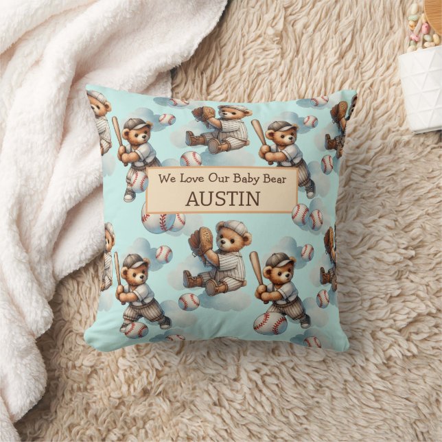 Personalized Accent Pillow– Watercolor Teddy Bears Cushion (Blanket)