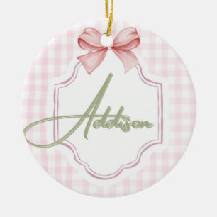 Personalized Addison Baby Girl Nursery Bow&Gingham Ceramic Tree Decoration