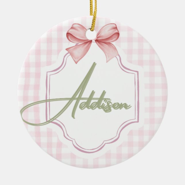 Personalized Addison Baby Girl Nursery Bow&Gingham Ceramic Tree Decoration (Front)