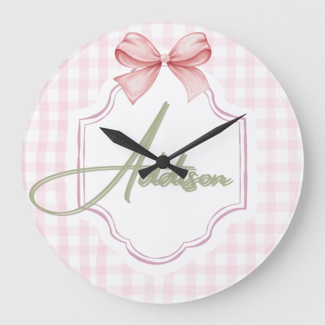 Personalized Addison Baby Girl Nursery Bow&Gingham Large Clock (Front)